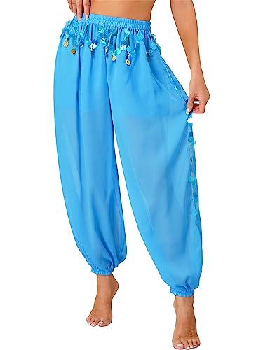 CHICTRY Bauchtanz Haremshose Damen Chiffon Tribal Arabisch Hose Pailletten Glänzend Lose Bauchtanz Kostüm Pumphose für Bauchtanz Yoga Pilates Party Himmelblau Einheitsgröße von CHICTRY