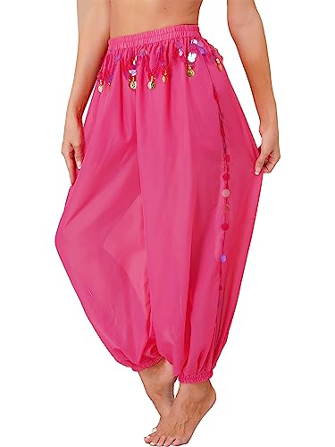 CHICTRY Bauchtanz Haremshose Damen Chiffon Tribal Arabisch Hose Pailletten Glänzend Lose Bauchtanz Kostüm Pumphose für Bauchtanz Yoga Pilates Party Hot Pink Einheitsgröße von CHICTRY