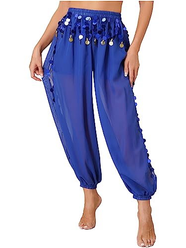 CHICTRY Bauchtanz Haremshose Damen Chiffon Tribal Arabisch Hose Pailletten Glänzend Lose Bauchtanz Kostüm Pumphose für Bauchtanz Yoga Pilates Party Königsblau Einheitsgröße von CHICTRY