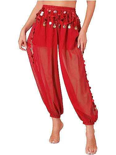 CHICTRY Bauchtanz Haremshose Damen Chiffon Tribal Arabisch Hose Pailletten Glänzend Lose Bauchtanz Kostüm Pumphose für Bauchtanz Yoga Pilates Party Rot Einheitsgröße von CHICTRY