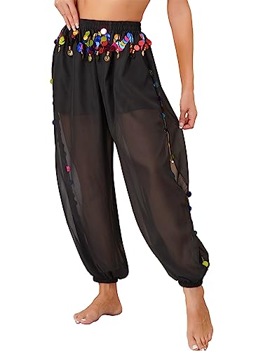 CHICTRY Bauchtanz Haremshose Damen Chiffon Tribal Arabisch Hose Pailletten Glänzend Lose Bauchtanz Kostüm Pumphose für Bauchtanz Yoga Pilates Party Schwarz Einheitsgröße von CHICTRY