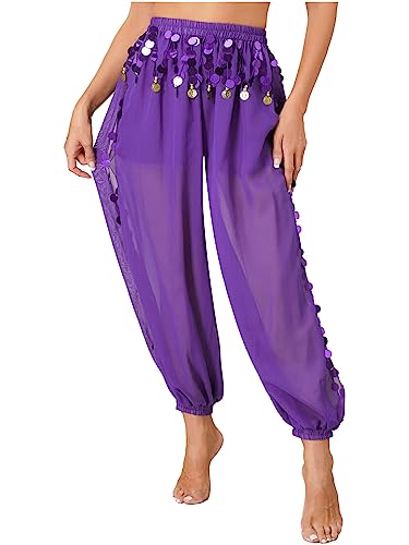 CHICTRY Bauchtanz Haremshose Damen Chiffon Tribal Arabisch Hose Pailletten Glänzend Lose Bauchtanz Kostüm Pumphose für Bauchtanz Yoga Pilates Party Violett Einheitsgröße von CHICTRY