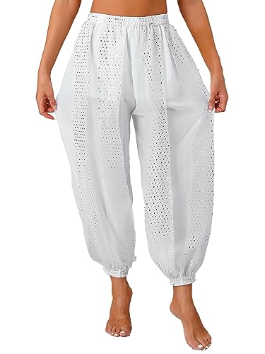 CHICTRY Bauchtanz Haremshose Damen Chiffon Tribal Arabisch Hose Pailletten Glänzend Lose Bauchtanz Kostüm Pumphose für Bauchtanz Yoga Pilates Party Weiß A Einheitsgröße von CHICTRY