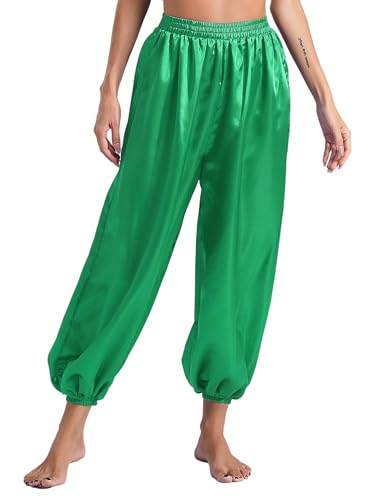 CHICTRY Bauchtanz Hose Damen Lang Satin Haremshose Elastisch Arabisch Tanzhose High Waist Pumphose Für Fasching Karneval Mottoparty Grün S von CHICTRY
