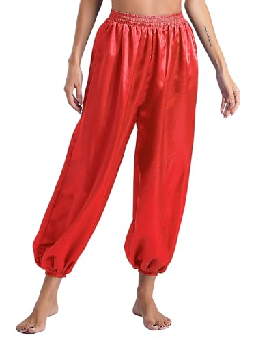 CHICTRY Bauchtanz Hose Damen Lang Satin Haremshose Elastisch Arabisch Tanzhose High Waist Pumphose Für Fasching Karneval Mottoparty Rot M von CHICTRY