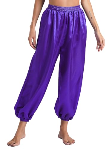 CHICTRY Bauchtanz Hose Damen Lang Satin Haremshose Elastisch Arabisch Tanzhose High Waist Pumphose Für Fasching Karneval Mottoparty Violett M von CHICTRY