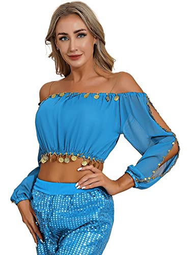 CHICTRY Bauchtanz Kostüm Damen Oberteil Bauchfrei Tanz Shirt Top Schulterfrei Tunika Bluse Mit Münzen Quasten Belly Dance Outfit Himmelblau Einheitsgröße von CHICTRY