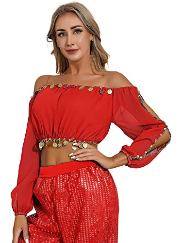 CHICTRY Bauchtanz Kostüm Damen Oberteil Bauchfrei Tanz Shirt Top Schulterfrei Tunika Bluse Mit Münzen Quasten Belly Dance Outfit Rot Einheitsgröße von CHICTRY