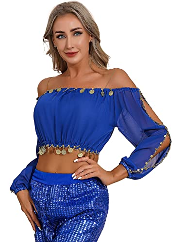 CHICTRY Bauchtanz Kostüm Damen Oberteil Bauchfrei Tanz Shirt Top Schulterfrei Tunika Bluse Mit Münzen Quasten Belly Dance Outfit Royal Blau Einheitsgröße von CHICTRY