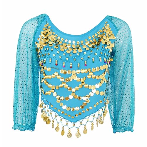 CHICTRY Bauchtanz Oberteil Damen Glitzer Pailletten Tanz Tshirt Zum Binden Hinten 3/4 Ärmel Bluse Bauchfrei Mit Münzen Und Perlen Tanzkostüm Himmelblau Einheitsgröße von CHICTRY