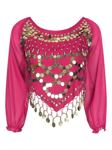 CHICTRY Bauchtanz Oberteil Damen Glitzer Pailletten Tanz Tshirt Zum Binden Hinten 3/4 Ärmel Bluse Bauchfrei Mit Münzen Und Perlen Tanzkostüm Hot Pink A Einheitsgröße von CHICTRY