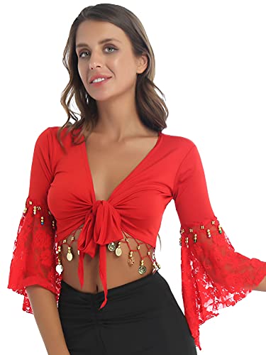 CHICTRY Bauchtanz Oberteil Damen Langarm Chiffon Tanz Shirt Ballett Tshirt Bauchfrei Crop Top Zum Binden Vorne Kurz Tunika Bluse Tanzkostüm Rot One Size von CHICTRY