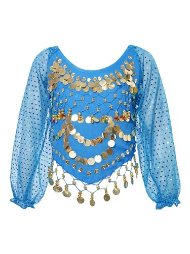 CHICTRY Bauchtanz Oberteil Mädchen Belly Dance Kostüm Kinder Langarm Pailletten Quaste Shirt Kurz Tanz Shirt Zum Binden Hinten Faschingkostüm Himmelblau 92-152 von CHICTRY