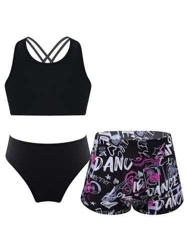 CHICTRY Bikini Mit Shorts Mädchen Set Tankini Oberteil Hotpants Badeshorts 3tlg Hawaii Badeanzug Crossover Sport BH Bikini Hose Stretch Shorts Schwimmkleidung Motiv B Briefe 134-140 von CHICTRY