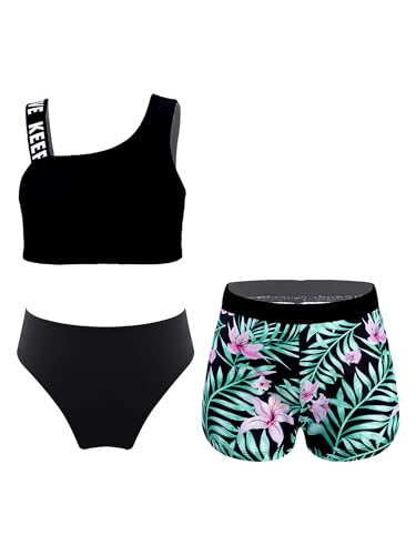 CHICTRY Bikini Mit Shorts Mädchen Set Tankini Oberteil Hotpants Badeshorts 3tlg Hawaii Badeanzug Crossover Sport BH Bikini Hose Stretch Shorts Schwimmkleidung Motiv H Grün 146-152 von CHICTRY