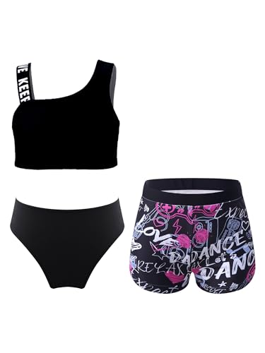 CHICTRY Bikini Mit Shorts Mädchen Set Tankini Oberteil Hotpants Badeshorts 3tlg Hawaii Badeanzug Crossover Sport BH Bikini Hose Stretch Shorts Schwimmkleidung Motiv H Schwarz 146-152 von CHICTRY