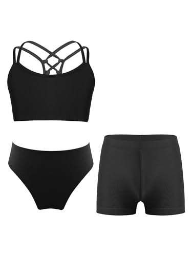 CHICTRY Bikini Mit Shorts Mädchen Set Tankini Oberteil Hotpants Badeshorts 3tlg Hawaii Badeanzug Crossover Sport BH Bikini Hose Stretch Shorts Schwimmkleidung Motiv L Schwarz 146-152 von CHICTRY