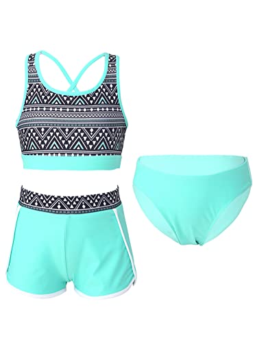 CHICTRY Bikini Mit Shorts Mädchen Set Tankini Oberteil Hotpants Badeshorts 3tlg Hawaii Badeanzug Crossover Sport BH Bikini Hose Stretch Shorts Schwimmkleidung Motiv Minzgrün 146-152 von CHICTRY