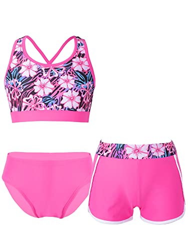 CHICTRY Bikini Mit Shorts Mädchen Set Tankini Oberteil Hotpants Badeshorts 3tlg Hawaii Badeanzug Crossover Sport BH Bikini Hose Stretch Shorts Schwimmkleidung Motiv Rose Rot 122-128 von CHICTRY