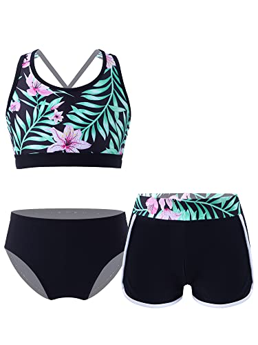 CHICTRY Bikini Mit Shorts Mädchen Set Tankini Oberteil Hotpants Badeshorts 3tlg Hawaii Badeanzug Crossover Sport BH Bikini Hose Stretch Shorts Schwimmkleidung Motiv Schwarz 158-164 von CHICTRY