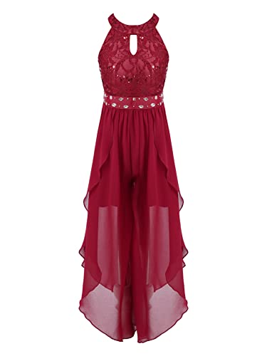 CHICTRY Blumenmädchen Jumpsuit Mädchen Festlich Hochzeit Overall Kinder Pailletten Glitzer Hosenanzug Ärmellos Partykleid Chiffon Ballkleid A Linien Burgundy 146-152 von CHICTRY