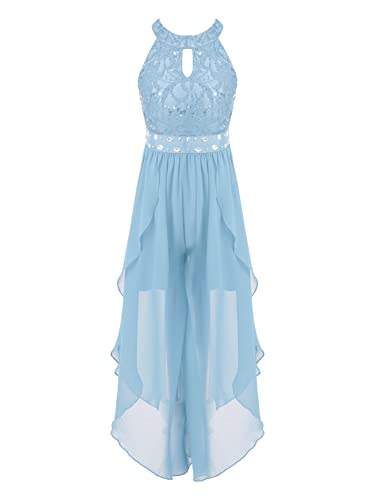 CHICTRY Blumenmädchen Jumpsuit Mädchen Festlich Hochzeit Overall Kinder Pailletten Glitzer Hosenanzug Ärmellos Partykleid Chiffon Ballkleid A Linien Himmelblau 146-152 von CHICTRY
