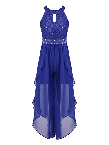CHICTRY Blumenmädchen Jumpsuit Mädchen Festlich Hochzeit Overall Kinder Pailletten Glitzer Hosenanzug Ärmellos Partykleid Chiffon Ballkleid A Linien Königsblau 170-176 von CHICTRY