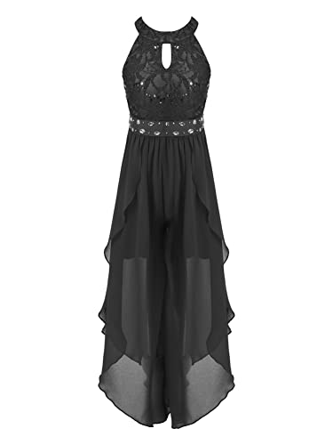 CHICTRY Blumenmädchen Jumpsuit Mädchen Festlich Hochzeit Overall Kinder Pailletten Glitzer Hosenanzug Ärmellos Partykleid Chiffon Ballkleid A Linien Schwarz 158-164 von CHICTRY