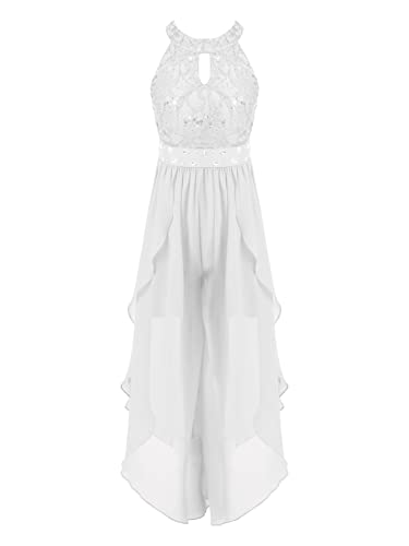 CHICTRY Blumenmädchen Jumpsuit Mädchen Festlich Hochzeit Overall Kinder Pailletten Glitzer Hosenanzug Ärmellos Partykleid Chiffon Ballkleid A Linien Weiß 158-164 von CHICTRY
