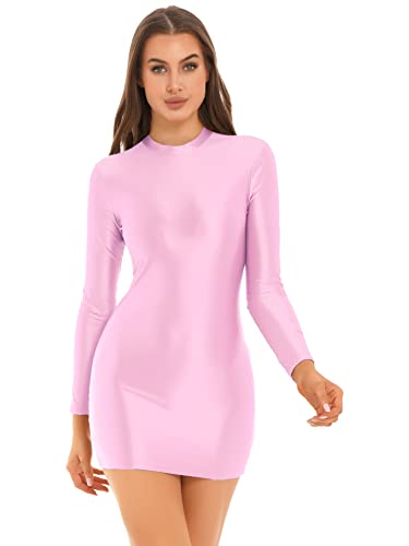 CHICTRY Bodycon Minikleid Damen Sexy Kurz Ärmellos Partykleid Gloosy Kleid Eng Stretch Öl Glänzend Unterkleid Erotisch Nachtwäsche Rosa A XL von CHICTRY