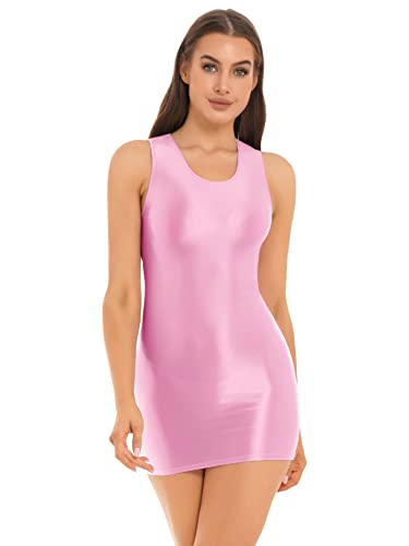 CHICTRY Bodycon Minikleid Damen Sexy Kurz Ärmellos Partykleid Gloosy Kleid Eng Stretch Öl Glänzend Unterkleid Erotisch Nachtwäsche Rosa XL von CHICTRY