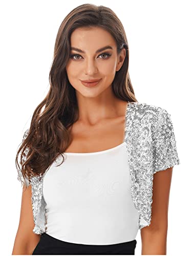 CHICTRY Bolero Damen Festlich Pailletten Jacke Blazer Glitzer Kurzarm Open Front Cardigan Top Kurz Hochzeit Braut Schal Brautjacke Silvester Outfit Silber Einheitsgröße von CHICTRY