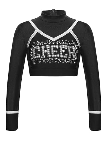 CHICTRY Cheer Leader Shirt Mädchen Langarm Kinder Stras Glitzer Oberteil Stehkragen Tanz Top Patchwork T-Shirt Bauchfrei Tanzkostüm Schwarz 146-152 von CHICTRY