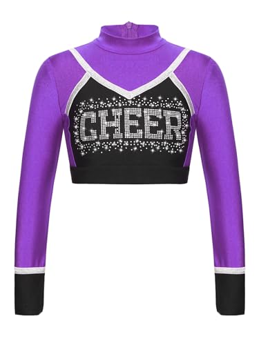 CHICTRY Cheer Leader Shirt Mädchen Langarm Kinder Stras Glitzer Oberteil Stehkragen Tanz Top Patchwork T-Shirt Bauchfrei Tanzkostüm Violett 158-164 von CHICTRY