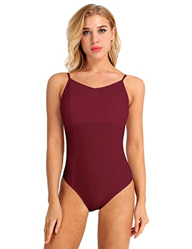 CHICTRY Damen Ballettanzug mit Spaghettiträgern Stretch Ballett Body Baumwolle Trikot Leotard Gymnastics Ärmellos Tanzbody Wettbewerb Performance Kostüm Burgundy A S von CHICTRY