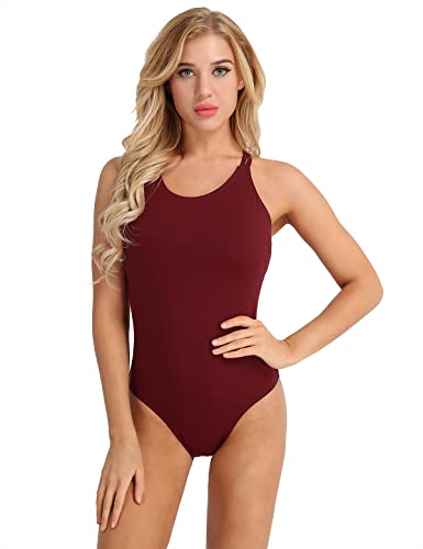 CHICTRY Damen Ballettanzug mit Spaghettiträgern Stretch Ballett Body Baumwolle Trikot Leotard Gymnastics Ärmellos Tanzbody Wettbewerb Performance Kostüm Weinrot L von CHICTRY