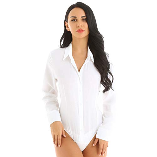 CHICTRY Damen Bodybluse Tailliert Langarm Bluse Hemdbluse Blusenbody Elagant Reverskragen Hemd Button Down Slim Fit Business Büro Bodysuit Stretch Weiß L von CHICTRY