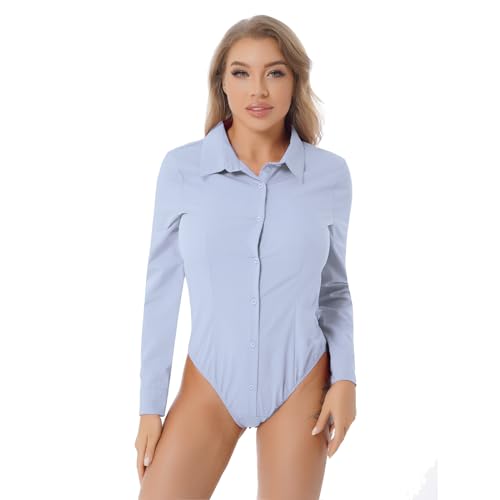 CHICTRY Damen Bodybluse Tailliert Langarm Bluse Hemdbluse Blusenbody Elagant Reverskragen Hemd Button Down Slim Fit Business Büro Bodysuit Stretch X Hellblau 3XL von CHICTRY