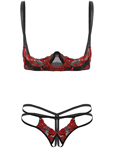 CHICTRY Damen Dessous Set Hebe BH Bustier + Strings Ouvert Slips Bikini Sets Spitze Unterwäsche Nachtwäsche Clubwear Rot One Size von CHICTRY