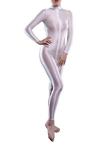 CHICTRY Damen Einteiler Ganzkörperanzug Langarm Nylon Body Öl Glänzend Overall Rollkragen Jumpsuit Glatte Ouvert-Body Party Clubwear Weiß One Size von CHICTRY