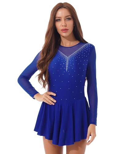 CHICTRY Eiskunstlauf Kleid Damen Glitzer Strass Langarm Ballettkleid Mesh Patchwork Trikot Turnanzug Mit Asymmetrisch Rock Tanzkleid Wettbewerb Kostüm Royal Blau B S von CHICTRY