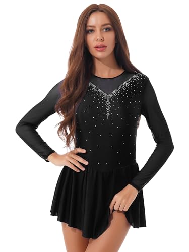 CHICTRY Eiskunstlauf Kleid Damen Glitzer Strass Langarm Ballettkleid Mesh Patchwork Trikot Turnanzug Mit Asymmetrisch Rock Tanzkleid Wettbewerb Kostüm Schwarz C S von CHICTRY