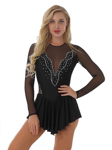 CHICTRY Eiskunstlauf Kleid Damen Glitzer Strass Langarm Ballettkleid Mesh Patchwork Trikot Turnanzug Mit Asymmetrisch Rock Tanzkleid Wettbewerb Kostüm Schwarz E L von CHICTRY