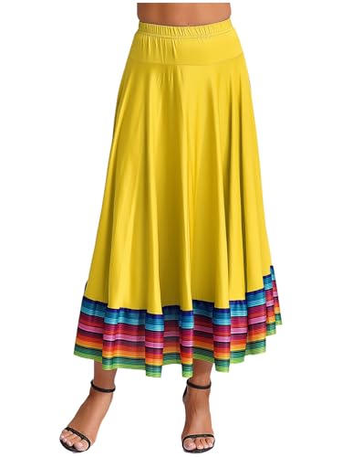 CHICTRY Damen Flamenco Dance Lange Rock Maxirock Tanzrock Faltenrock Tango Latein Walzer Bauchtanz Ballroom Wettbewerb Kostüm Gelb C 4XL von CHICTRY