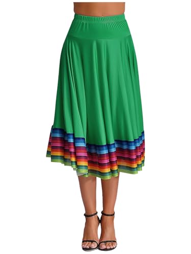 CHICTRY Damen Flamenco Dance Lange Rock Maxirock Tanzrock Faltenrock Tango Latein Walzer Bauchtanz Ballroom Wettbewerb Kostüm Grün B XXL von CHICTRY