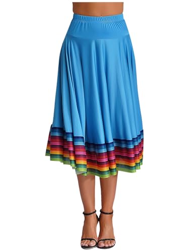 CHICTRY Damen Flamenco Dance Lange Rock Maxirock Tanzrock Faltenrock Tango Latein Walzer Bauchtanz Ballroom Wettbewerb Kostüm Himmelblau B 5XL von CHICTRY