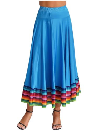 CHICTRY Damen Flamenco Dance Lange Rock Maxirock Tanzrock Faltenrock Tango Latein Walzer Bauchtanz Ballroom Wettbewerb Kostüm Himmelblau C 5XL von CHICTRY