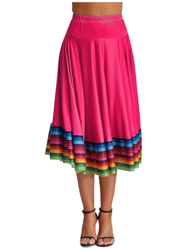 CHICTRY Damen Flamenco Dance Lange Rock Maxirock Tanzrock Faltenrock Tango Latein Walzer Bauchtanz Ballroom Wettbewerb Kostüm Hot Pink B L von CHICTRY