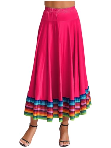 CHICTRY Damen Flamenco Dance Lange Rock Maxirock Tanzrock Faltenrock Tango Latein Walzer Bauchtanz Ballroom Wettbewerb Kostüm Hot Pink C L von CHICTRY