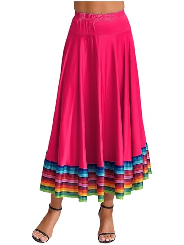CHICTRY Damen Flamenco Dance Lange Rock Maxirock Tanzrock Faltenrock Tango Latein Walzer Bauchtanz Ballroom Wettbewerb Kostüm Hot Pink C XL von CHICTRY